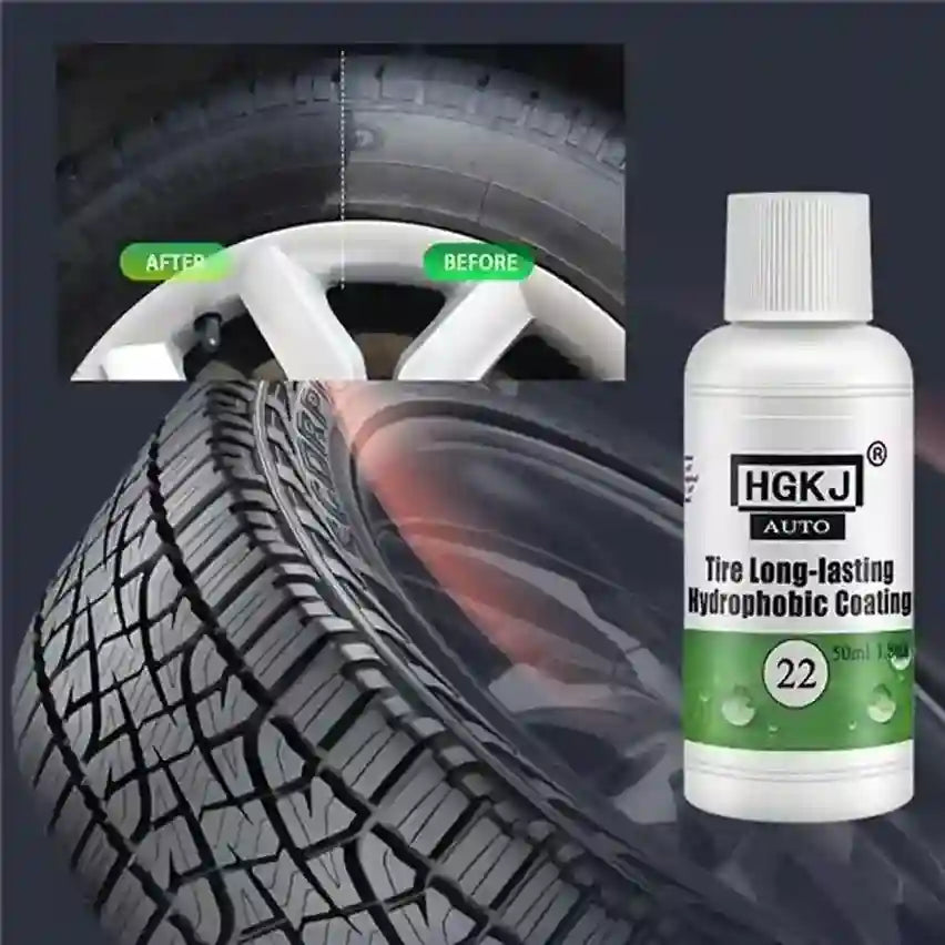 Tire long-lasting hydrophobic coating bottle with 'Before' and 'After' comparison of tire condition.