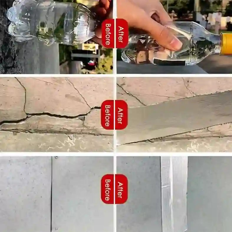 Before and after comparison of a bottle being filled with water and a crack being repaired on concrete.