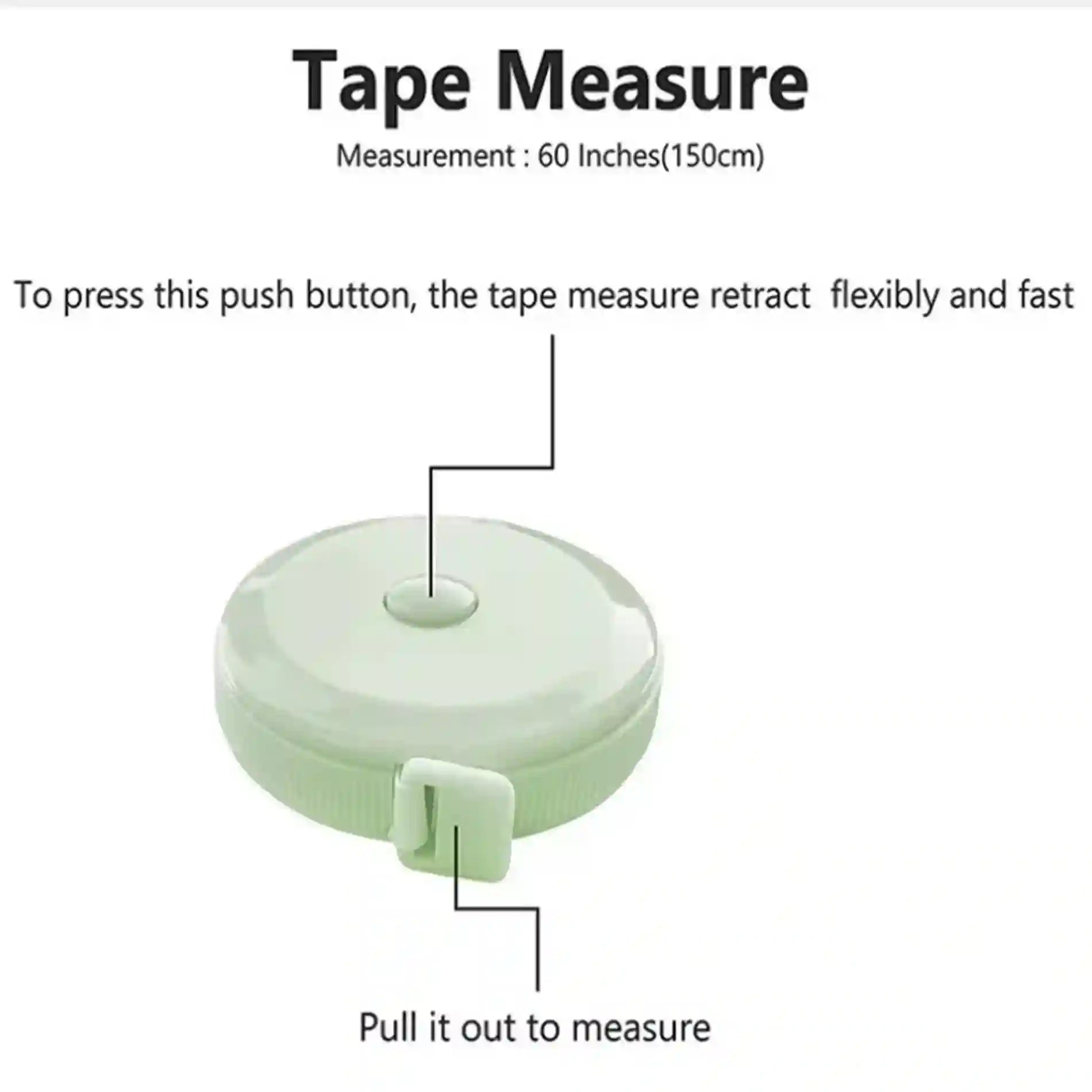 Green tape measure with push-button mechanism on a white background