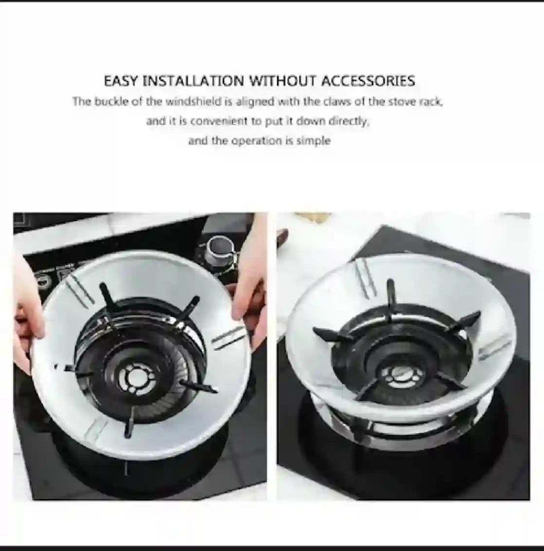 Two images showing a gas stove with a windshield being installed. Text explains the ease of installation without accessories.