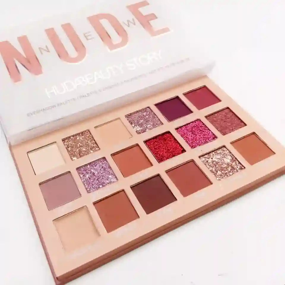 Makeup palette with various shades of lipsticks and shadows, labeled 'Nude'.