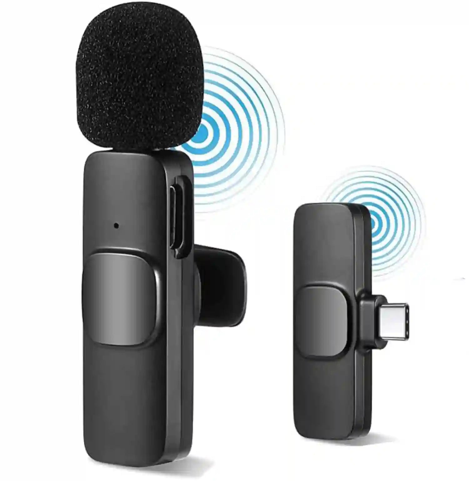 Black wireless microphone transmitter and receiver on a white background