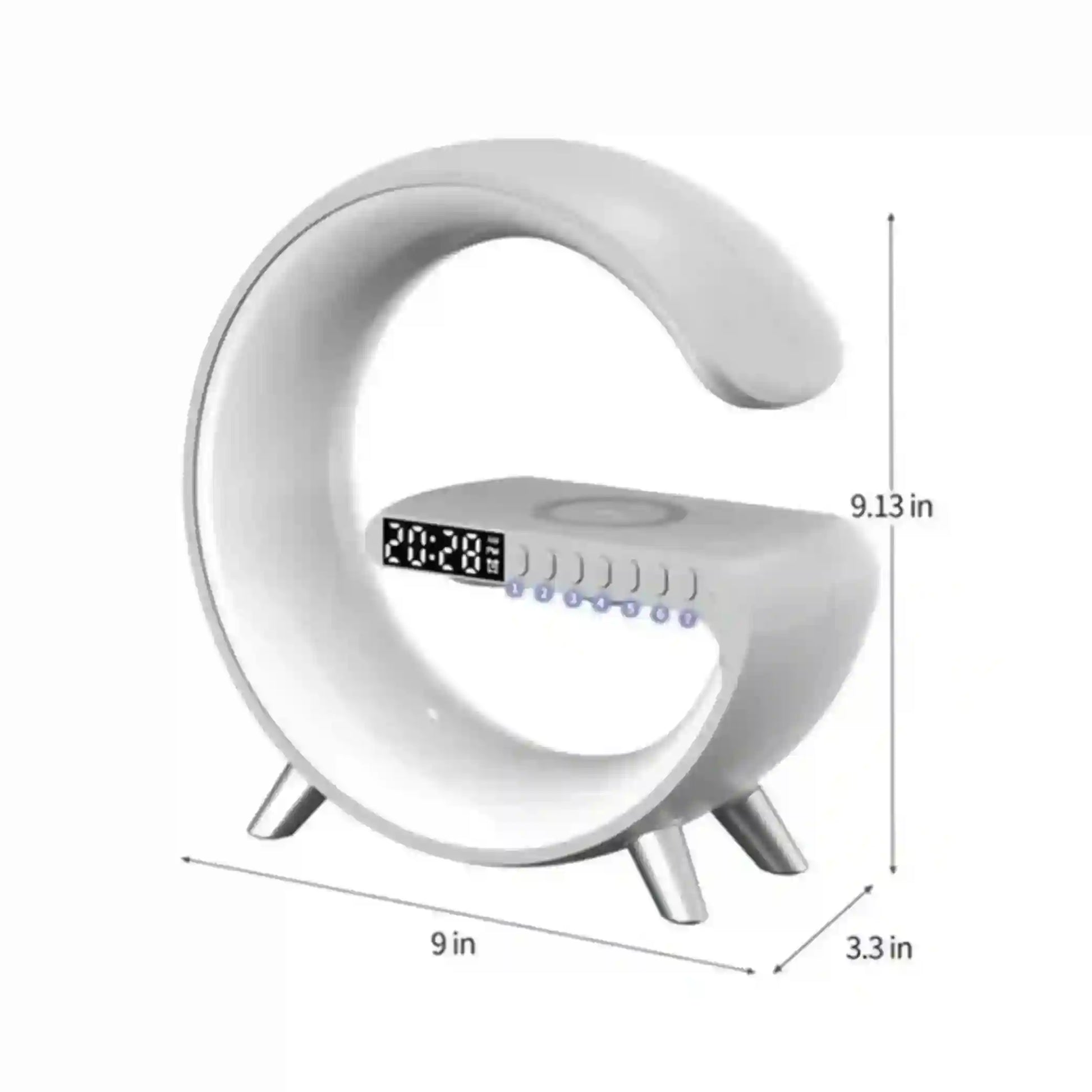 White crescent moon-shaped clock with digital display and measurements on a white background