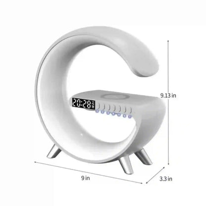 White crescent moon-shaped clock with digital display and measurements on a white background