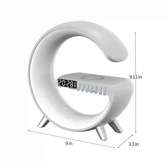 White crescent moon-shaped clock with digital display and measurements on a white background
