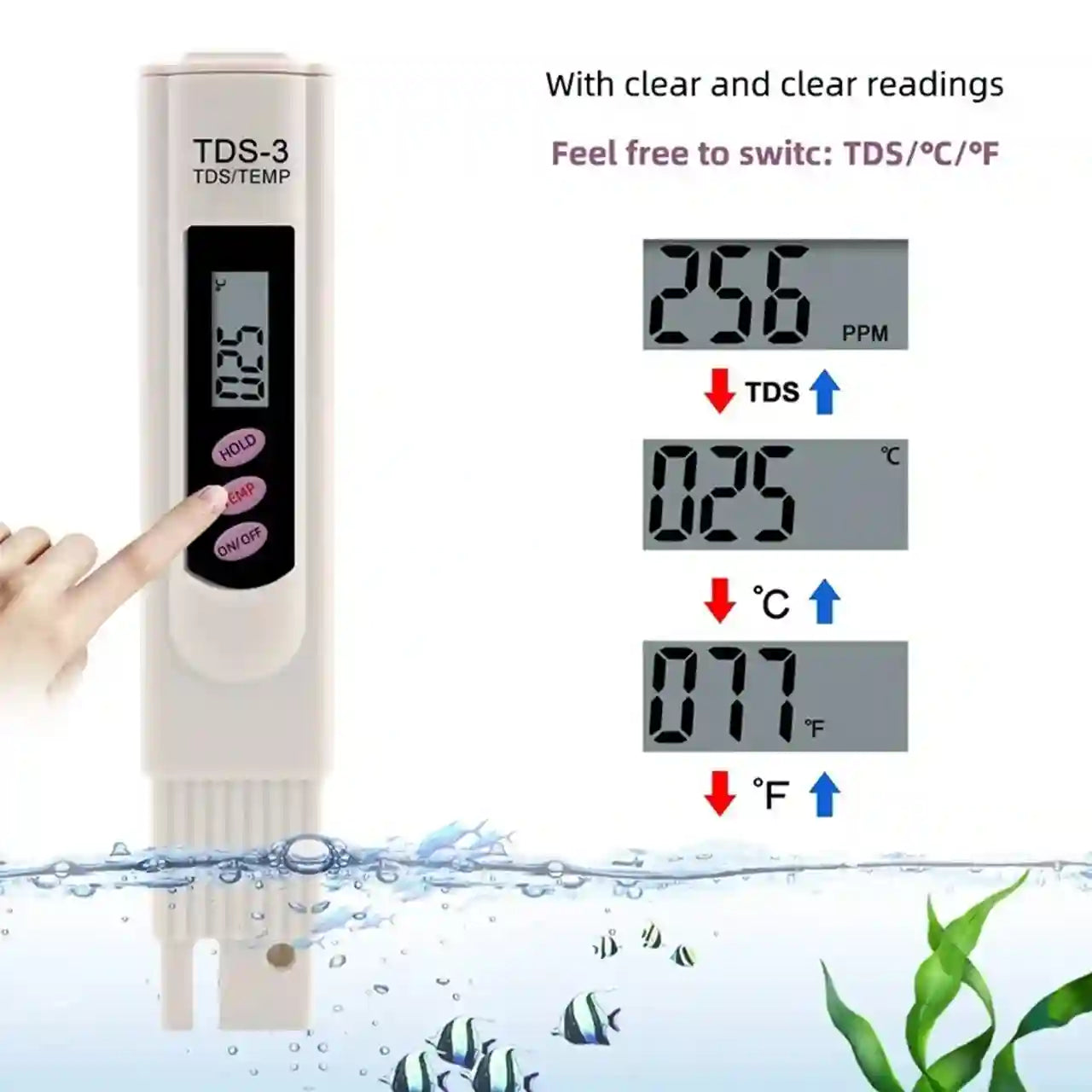 Digital TDS/TEMP meter with water and fish tank graphics on a white background