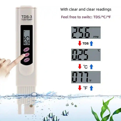 Digital TDS/TEMP meter with water and fish tank graphics on a white background