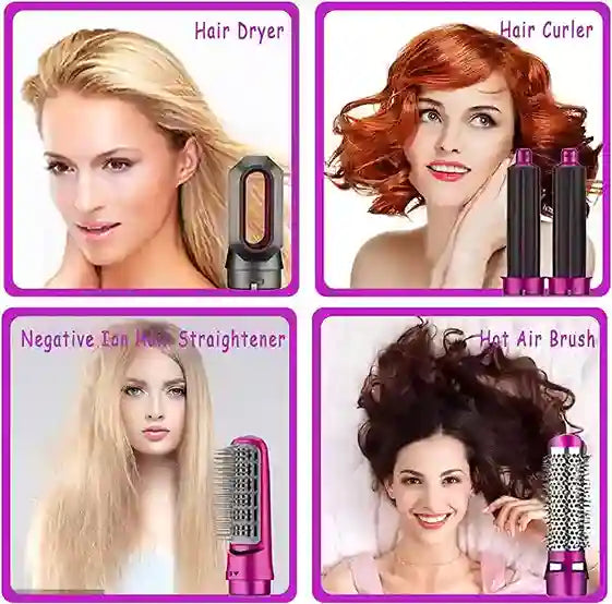 Four panels showing hair care products with corresponding hairstyles and product names.