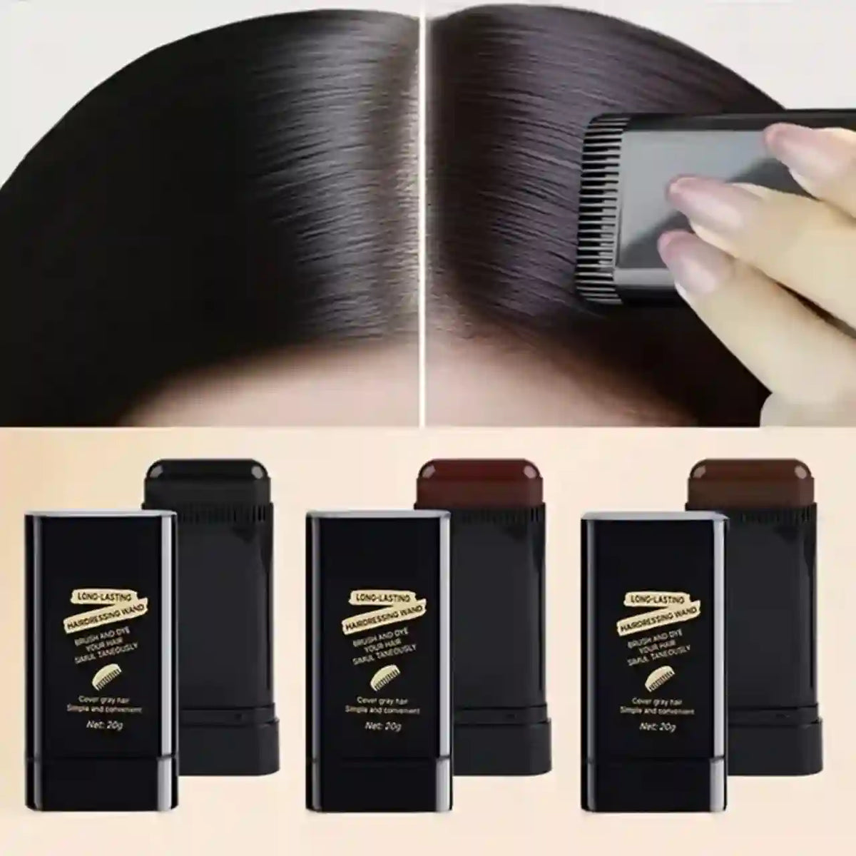 Before and after hair color transformation with a hairbrush, followed by hair color sticks on a beige background.