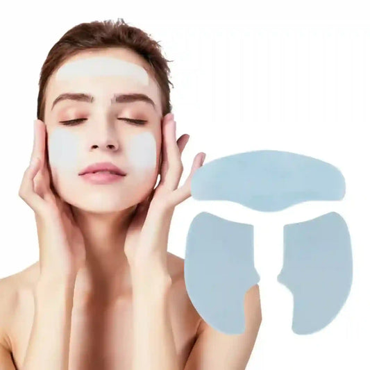 Woman wearing eye masks with a close-up of the mask on a white background