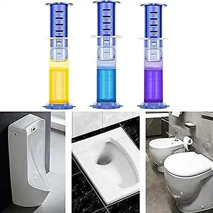 Three cylindrical water filters with different colored liquids and images of toilets in a bathroom setting.