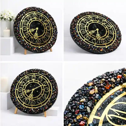 Decorative clock with gemstone inlay on a white background