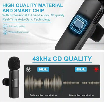 Wireless microphone system with high-quality material, smart chip, and 48kHz CD quality features.