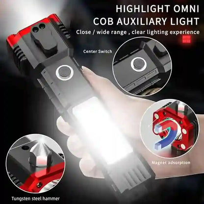 Rechargeable LED Torch Light | Tactical Hammer & Power Bank Flashlight