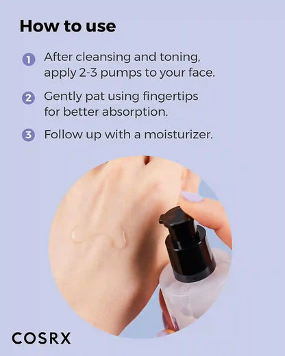 CosRX skincare product usage guide with text and close-up of product application.