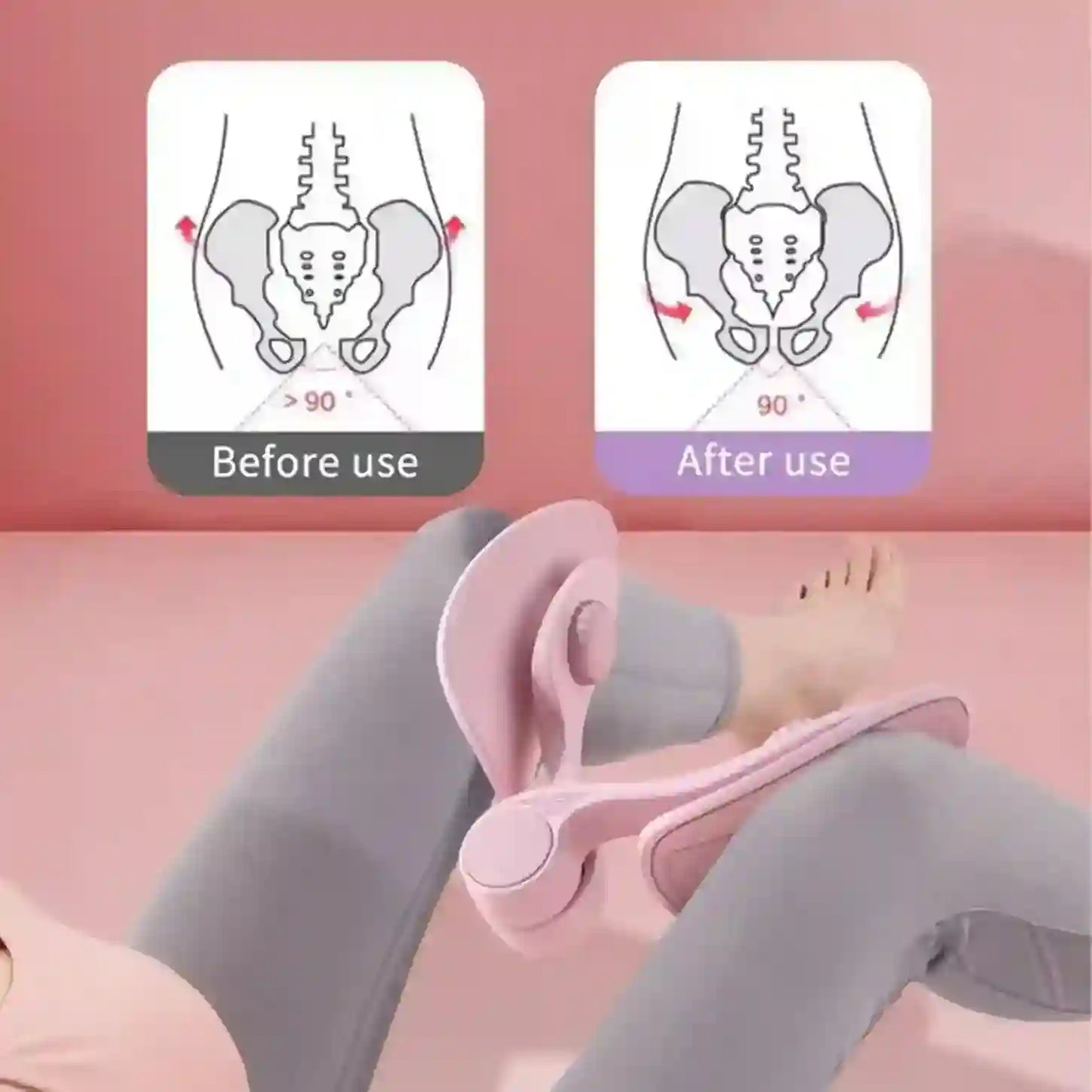 Product showing before and after use on a person's legs with a pink background