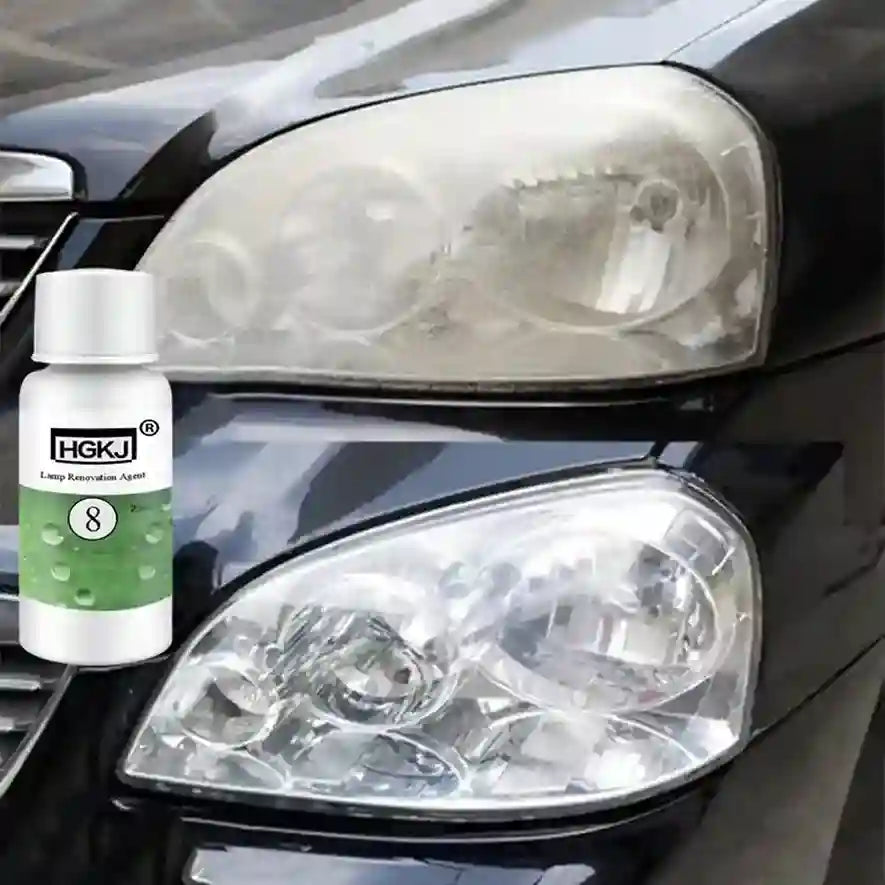 Car headlights with a bottle of HGKJ lamp rejuvenation agent on a black car background