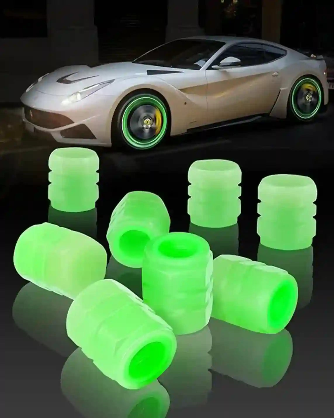 Glowing green tire valve caps in front of a white sports car on a dark background