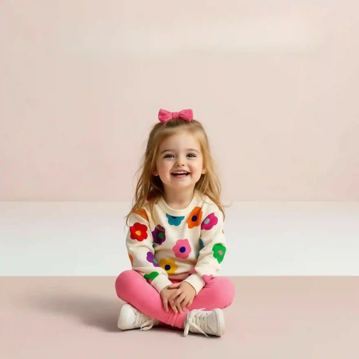 Child wearing a colorful floral sweater and pink pants sitting on a light pink background