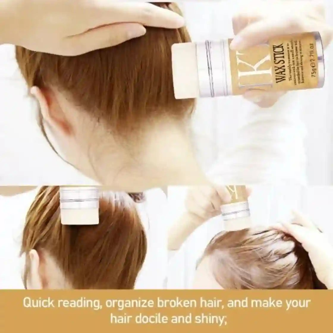Person applying wax stick to hair with text about hair care benefits