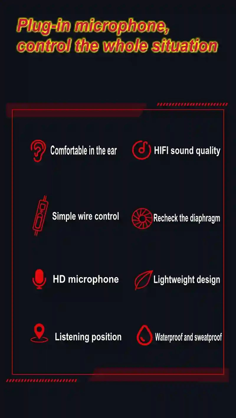 List of features for a plug-in microphone on a black background with red text.