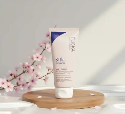 Flicka Silk Touch milk cream tube on a wooden board with cherry blossoms in the background