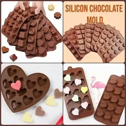 Collage of silicone chocolate molds with various shapes and designs.