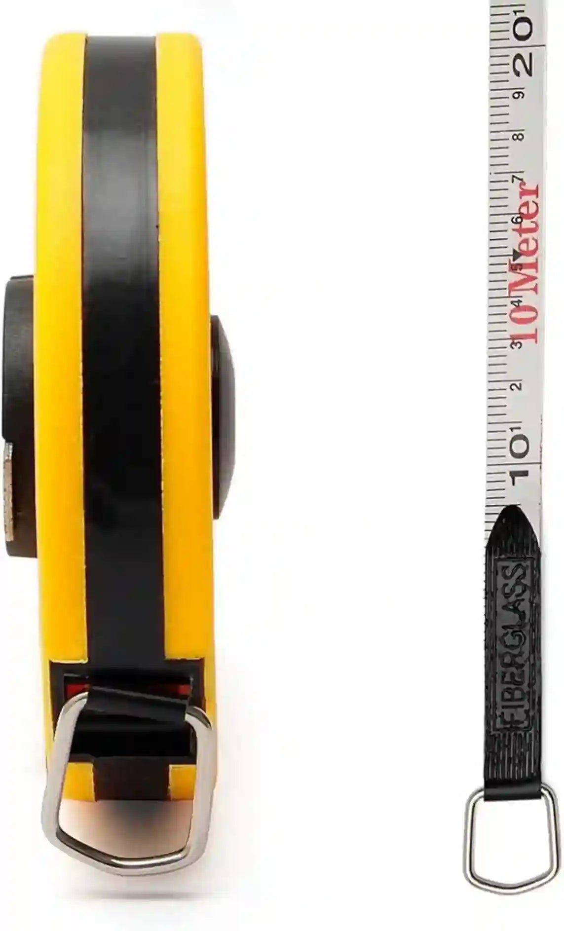 Yellow and black tape measure with a metal clip on a white background