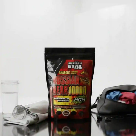 Russian Bear 10000 supplement package on a reflective surface with a white background