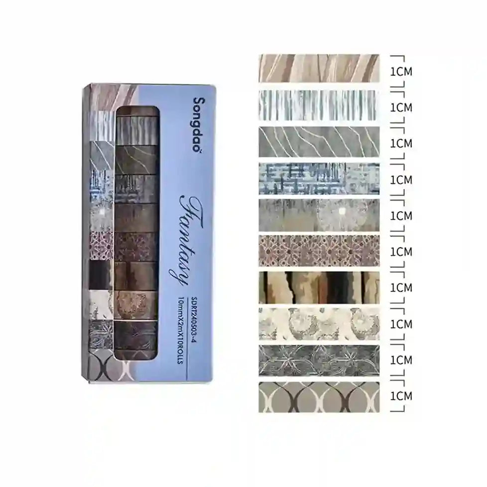 Packaging of decorative tiles with a sample strip on a white background