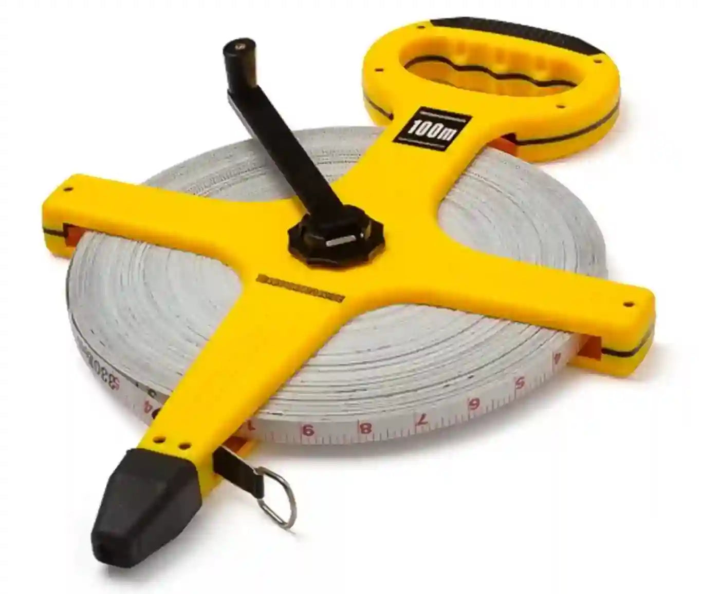 Yellow and black tape measure with a roll of tape on a white background