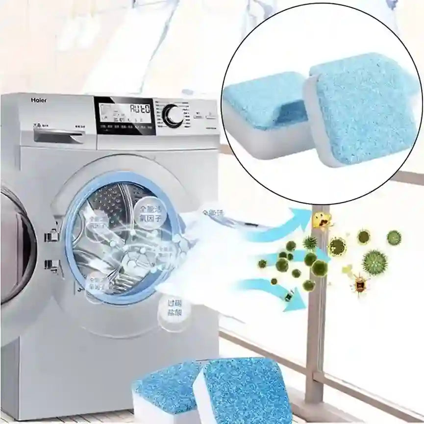 Washing machine with cleaning tablets and a close-up of the tablets on a white background.