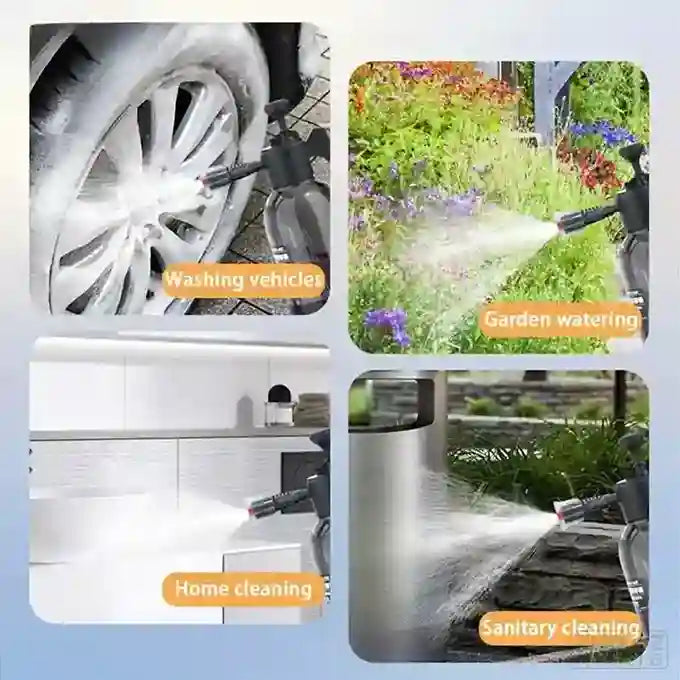 Collage of a high-pressure washer being used for vehicle washing, garden watering, home cleaning, and sanitary cleaning.