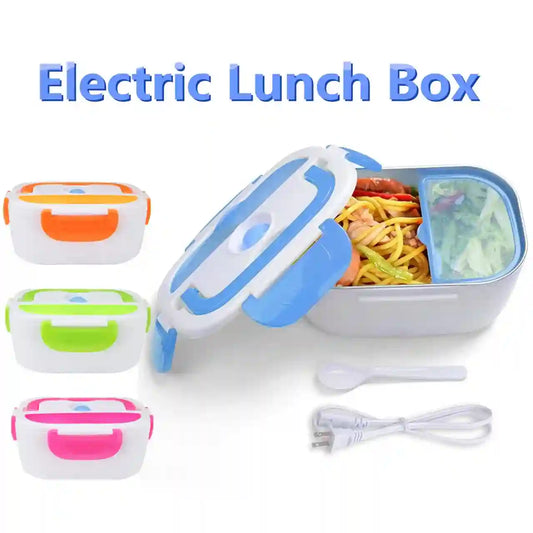 Electric lunch box with compartments filled with food, colorful handles, and a power cord on a white background.