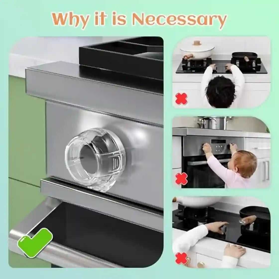 Collage showing the importance of a safety cover for stovetop burners, with images of children near stoves and a safety cover in place.