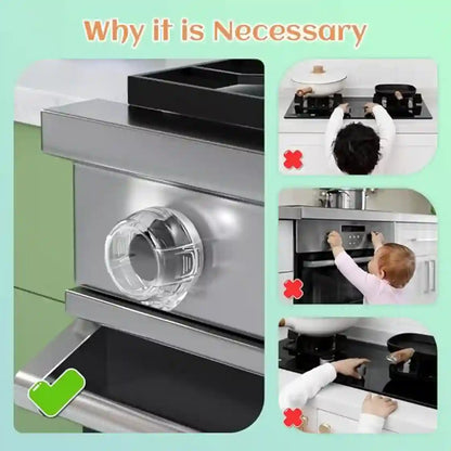 Collage showing the importance of a safety cover for stovetop burners, with images of children near stoves and a safety cover in place.