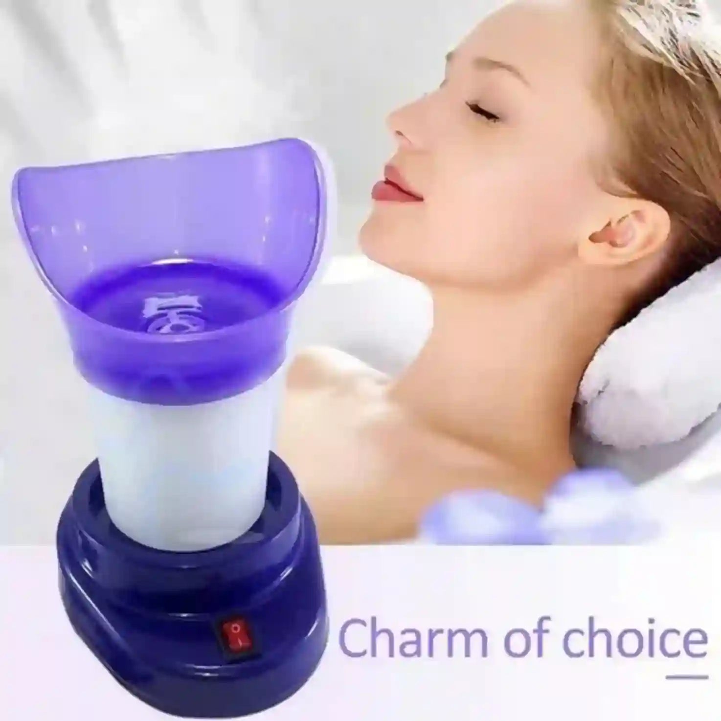 Purple facial steamer device with a woman using it on a white background