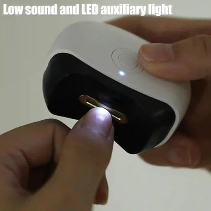 Hand holding a device with a button and LED light, labeled 'Low sound and LED auxiliary light'.