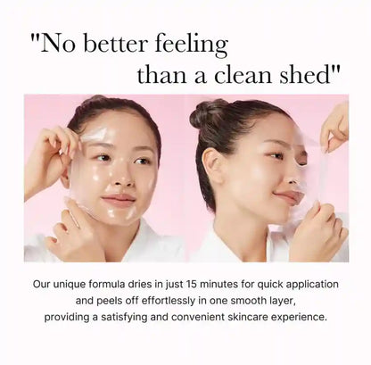 Two women applying a facial peel-off mask with text about its quick application and convenient skincare experience.