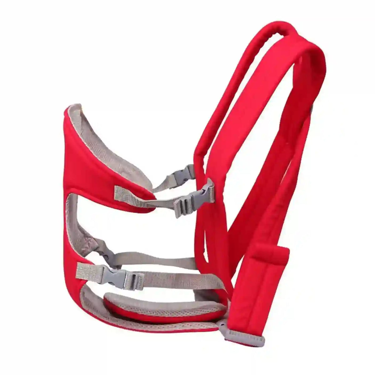 Red and gray climbing harness on a white background
