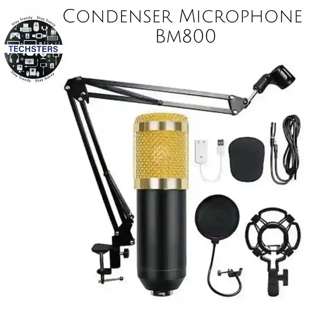 Condenser microphone BM800 with accessories on a white background, featuring the Techsters logo.