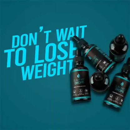 Slim Fast Drops bottles on a blue background with motivational text.