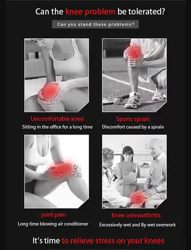 Advertisement about knee problems with images and text on a black background