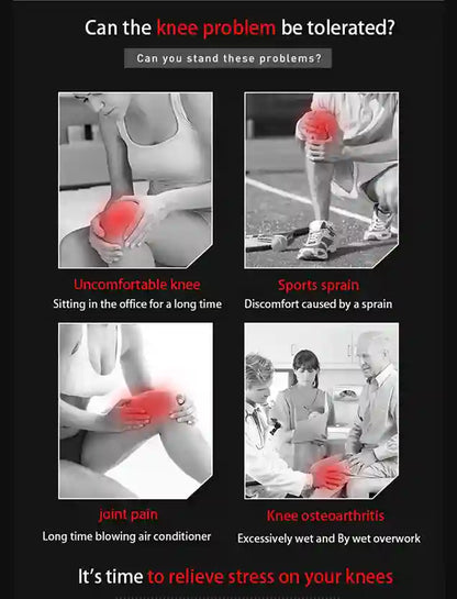 Advertisement about knee problems with images and text on a black background