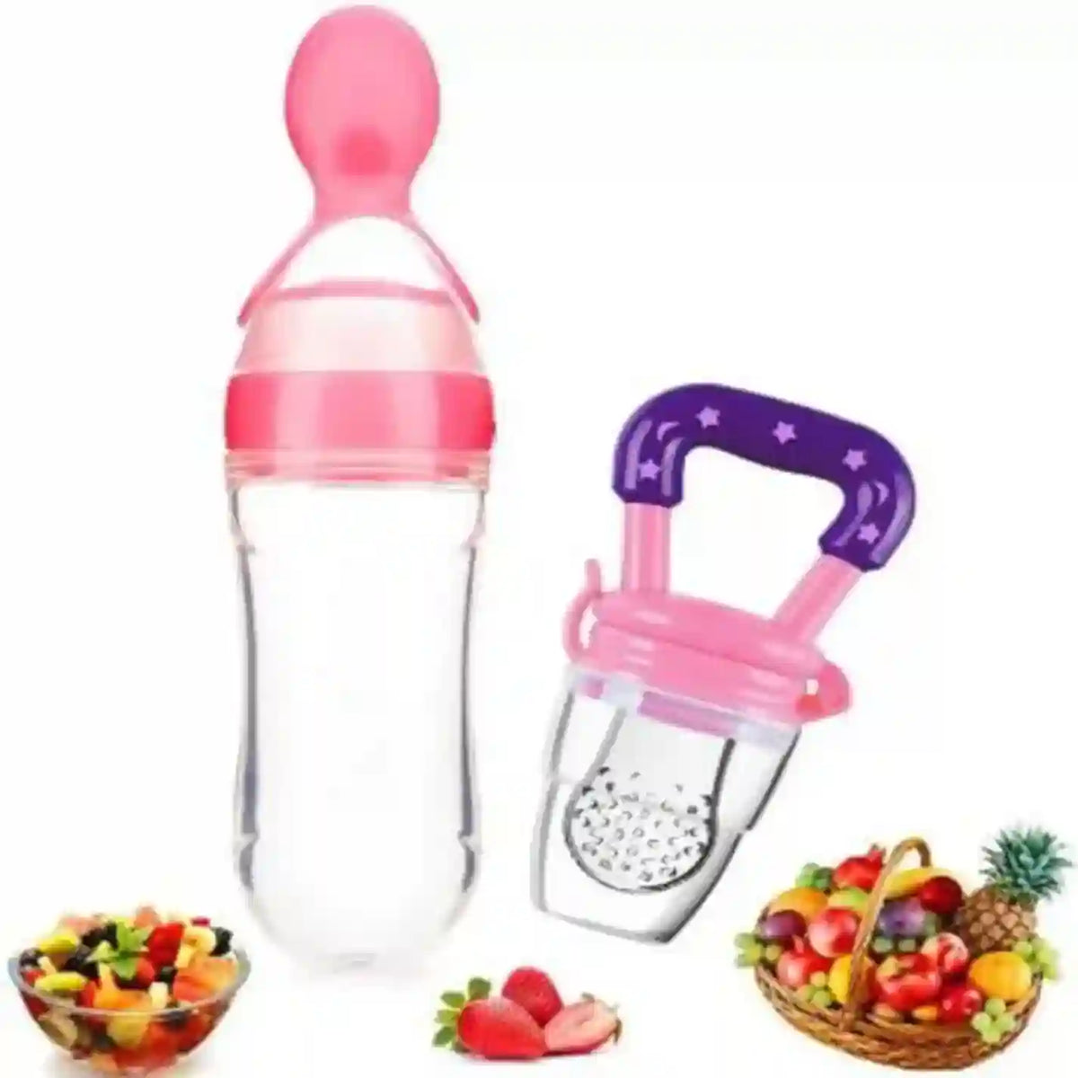Baby bottle and feeder with fruit illustrations on a white background