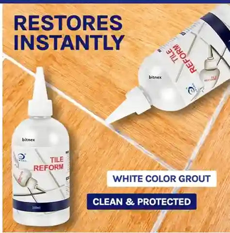 Tile reform product being applied to grout lines on a wooden floor with text indicating instant restoration.