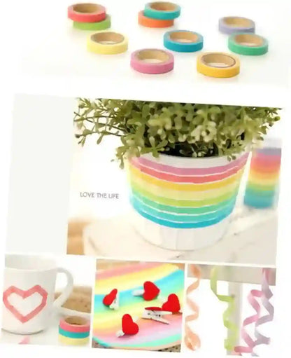 Collage of colorful washi tape with a plant pot, mug, and heart decorations.