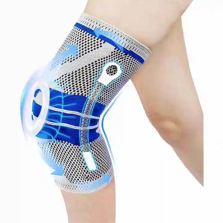 Knee brace with blue and white design on a person's knee