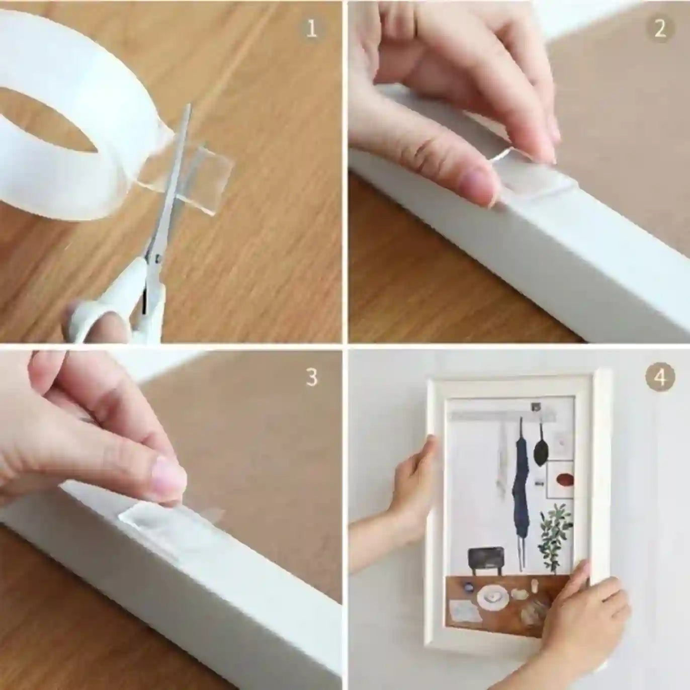 Step-by-step process of applying clear tape to a frame and placing a picture inside.
