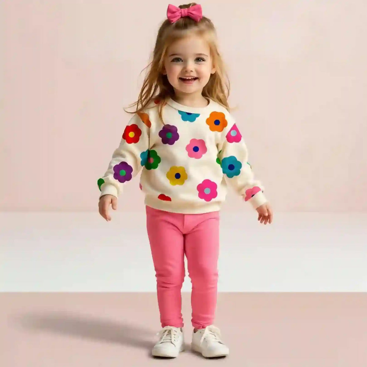 Child wearing a colorful floral sweater and pink pants on a light pink background